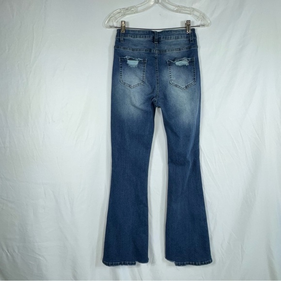 Women’s Distressed High Rise Flare Leg Stretch Denim Jeans - Picture 3 of 7